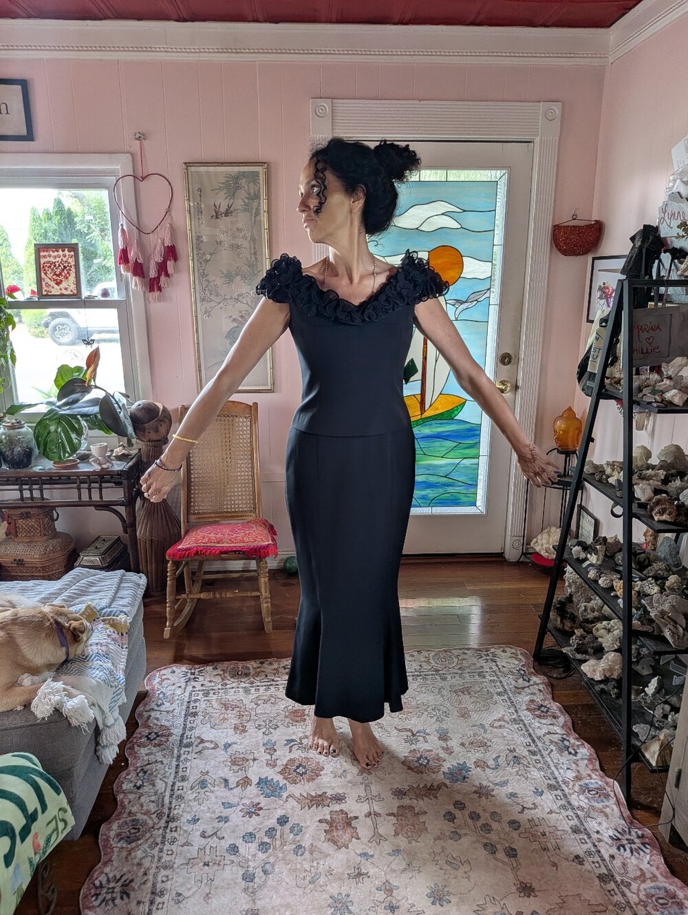 Elegant Black Floral-Trim Midi Dress - Women Intimates & Sleepwear